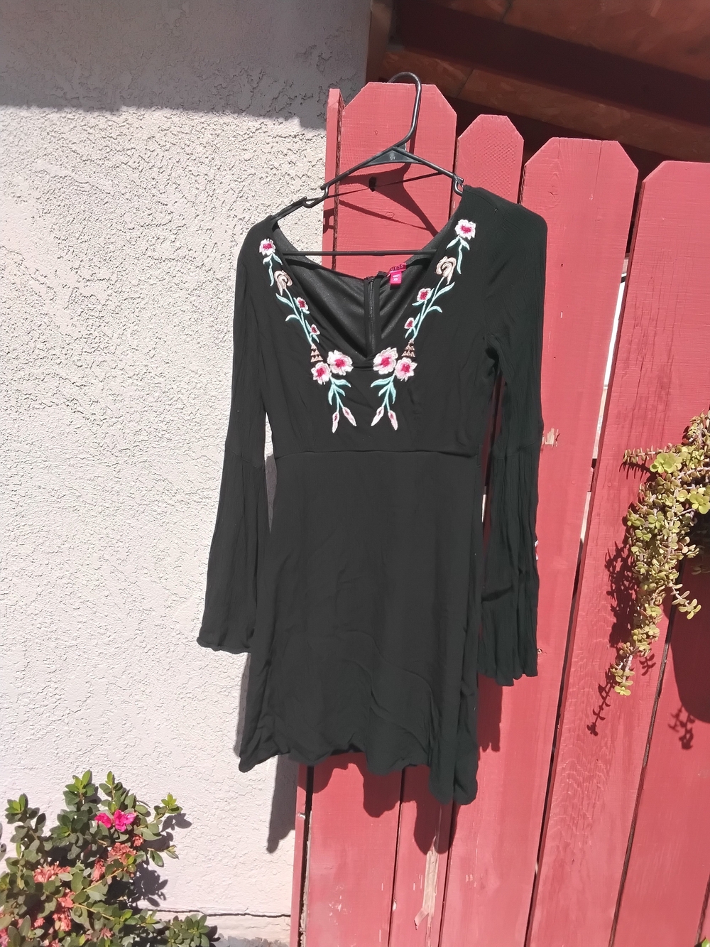 Guess Black Dress with Pink Floral Embroidery Y2K Gothic